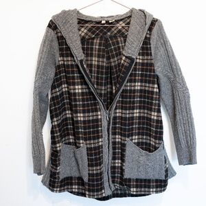 MOTH ANTHROPOLOGIE Derry Cable Knit Wool Plaid Flannel Hooded Jacket size L